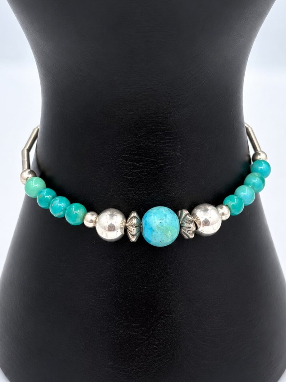 Turquoise Blue Beaded Silver Tone Boho Bracelet